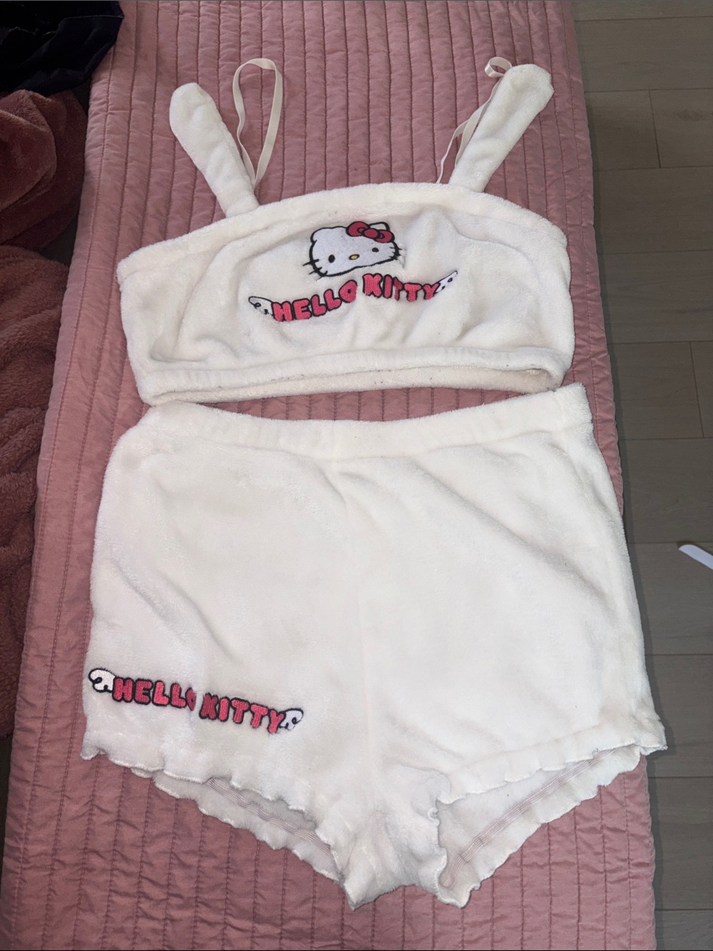 SHEIN White Hello Kitty Plush Cropped Tank & Shorts Loungewear Set